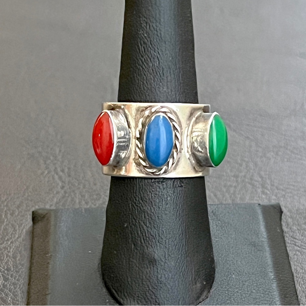 Vintage Taxco Mexico sterling silver multi stone chunky ring - Picture 2 of 11